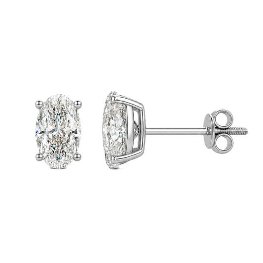 Moissanite oval stud earrings in 5×3 mm, crafted in white gold-plated 925 silver with screw-back posts. Safe for sensitive skin. Available now at BSI Jewelry.