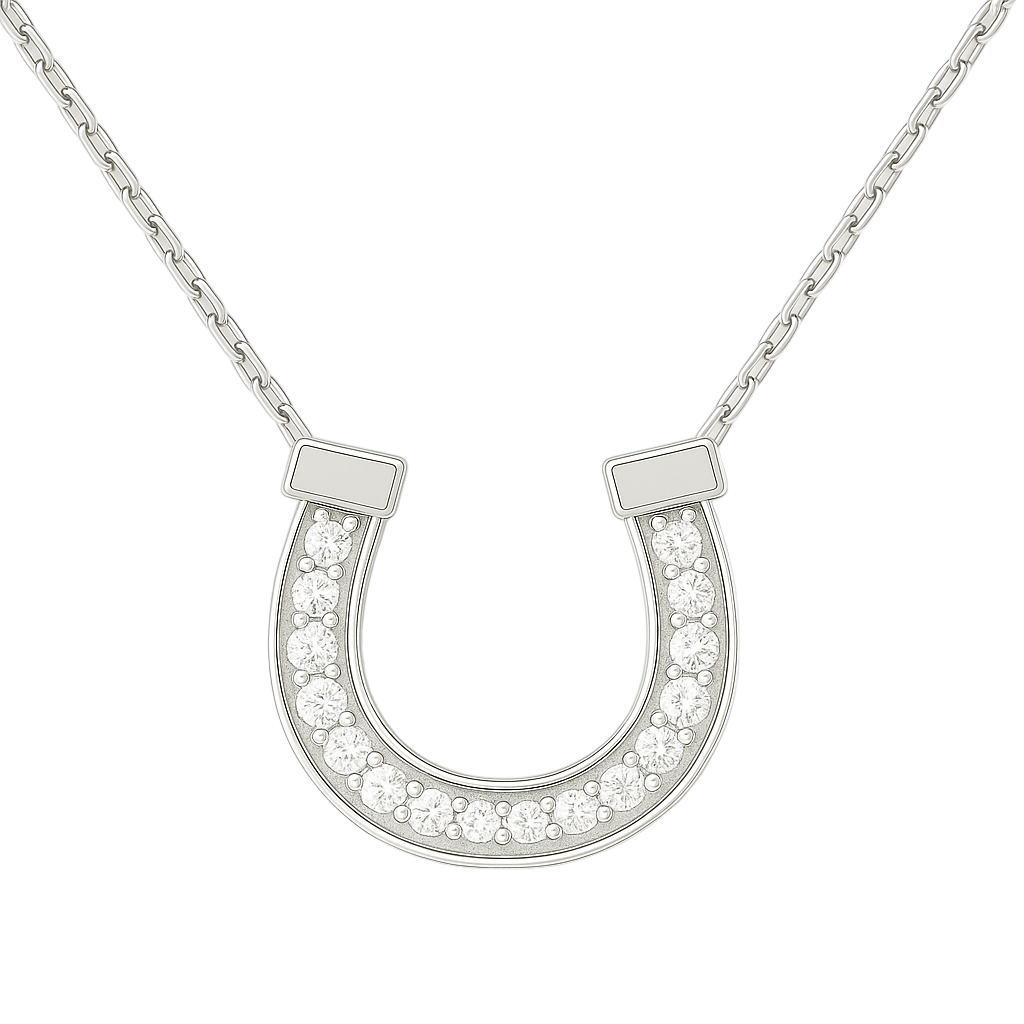 Elegant Moissanite pavé horseshoe necklace in 925 silver, symbolizing luck and charm. Sparkling design blending timeless elegance. Available now at BSI Jewelry.