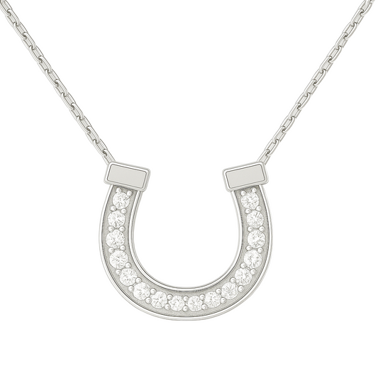 Elegant Moissanite pavé horseshoe necklace in 925 silver, symbolizing luck and charm. Sparkling design blending timeless elegance. Available now at BSI Jewelry.