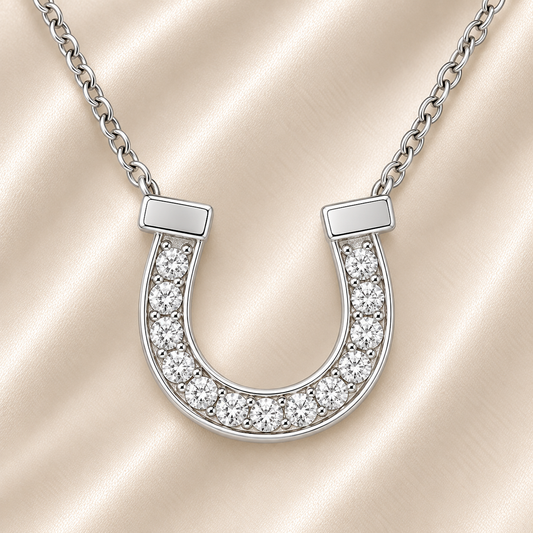 Elegant Moissanite pavé horseshoe necklace in 925 silver, symbolizing luck and charm. Sparkling design blending timeless elegance. Available now at BSI Jewelry.