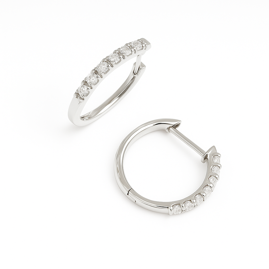 Elegant Moissanite pavé huggie earrings in 925 silver. Single-row brilliance, hypoallergenic comfort, and timeless sparkle for daily wear. Now at BSI Jewelry.