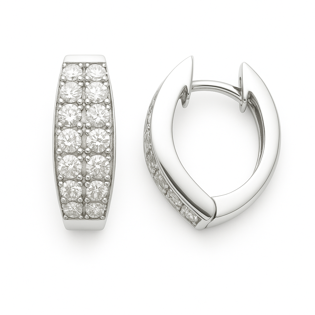Elegant Moissanite pavé huggie earrings in 925 silver with double-row sparkle. White gold-plated, hypoallergenic, and radiant. Available now at BSI Jewelry.