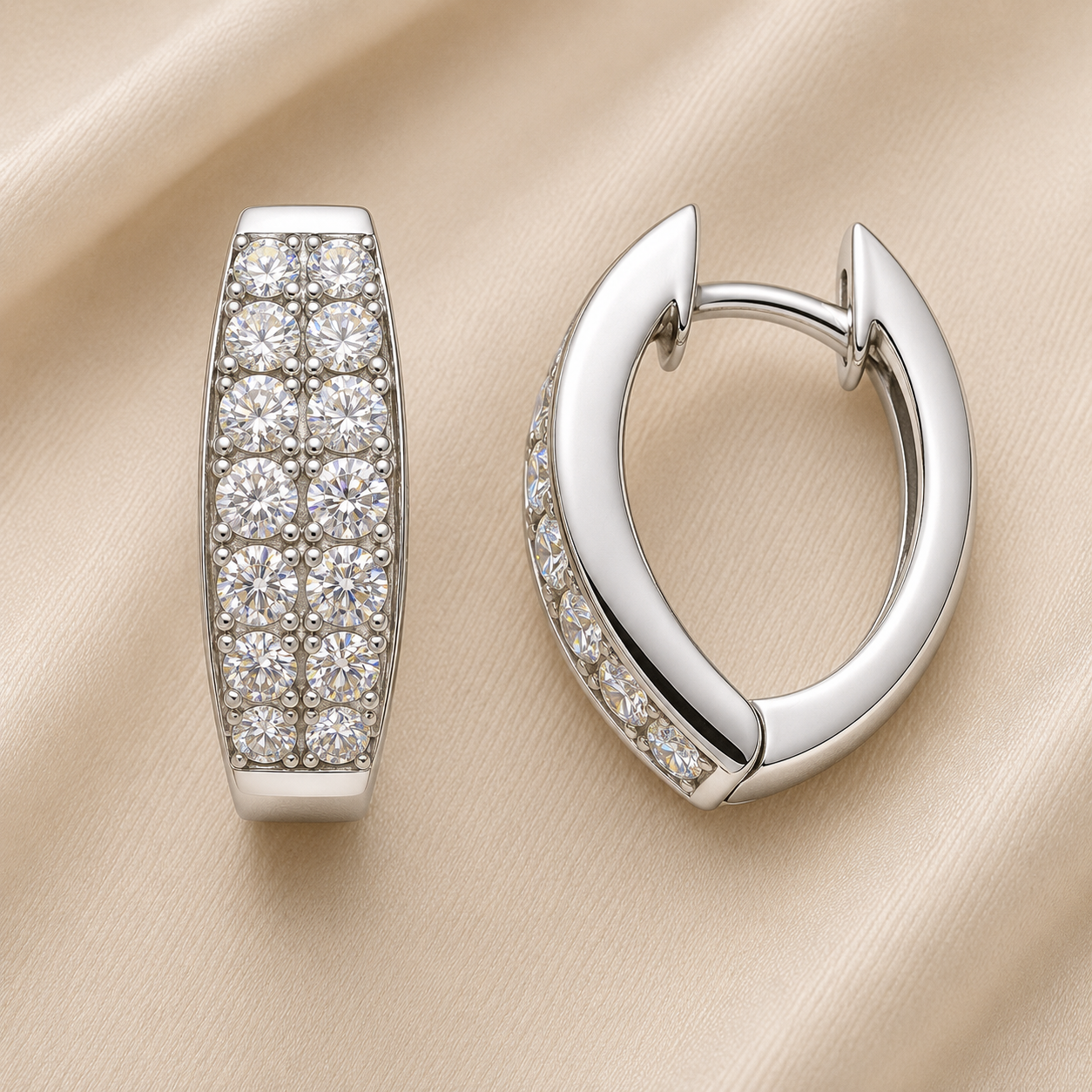 Elegant Moissanite pavé huggie earrings in 925 silver with double-row sparkle. White gold-plated, hypoallergenic, and radiant. Available now at BSI Jewelry.