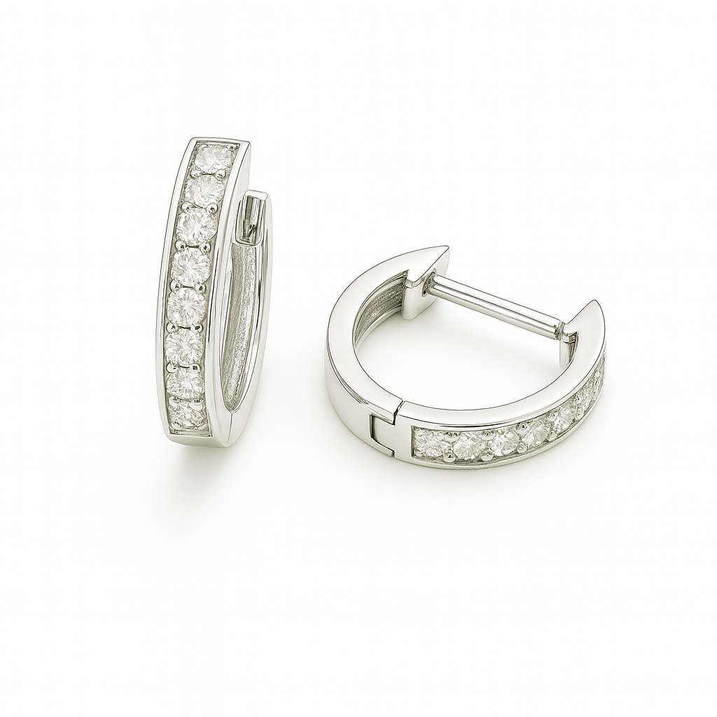 2 mm moissanite pave set huggies earrings in white gold-plated 925 silver. Sleek, refined and hypoallergenic for daily wear. Available now at BSI Jewelry.