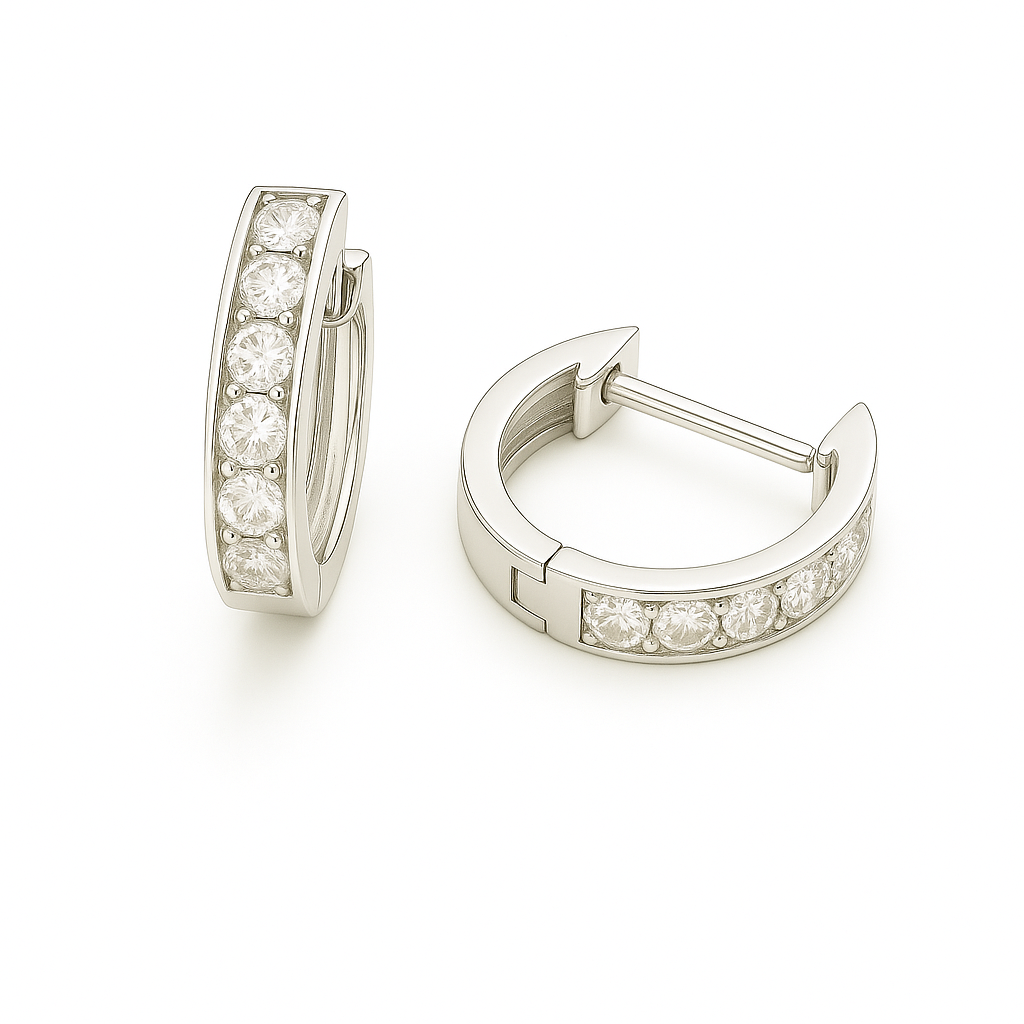 3 mm moissanite pave set huggies earrings in white gold-plated 925 silver. Sleek, refined and hypoallergenic for daily wear. Available now at BSI Jewelry.