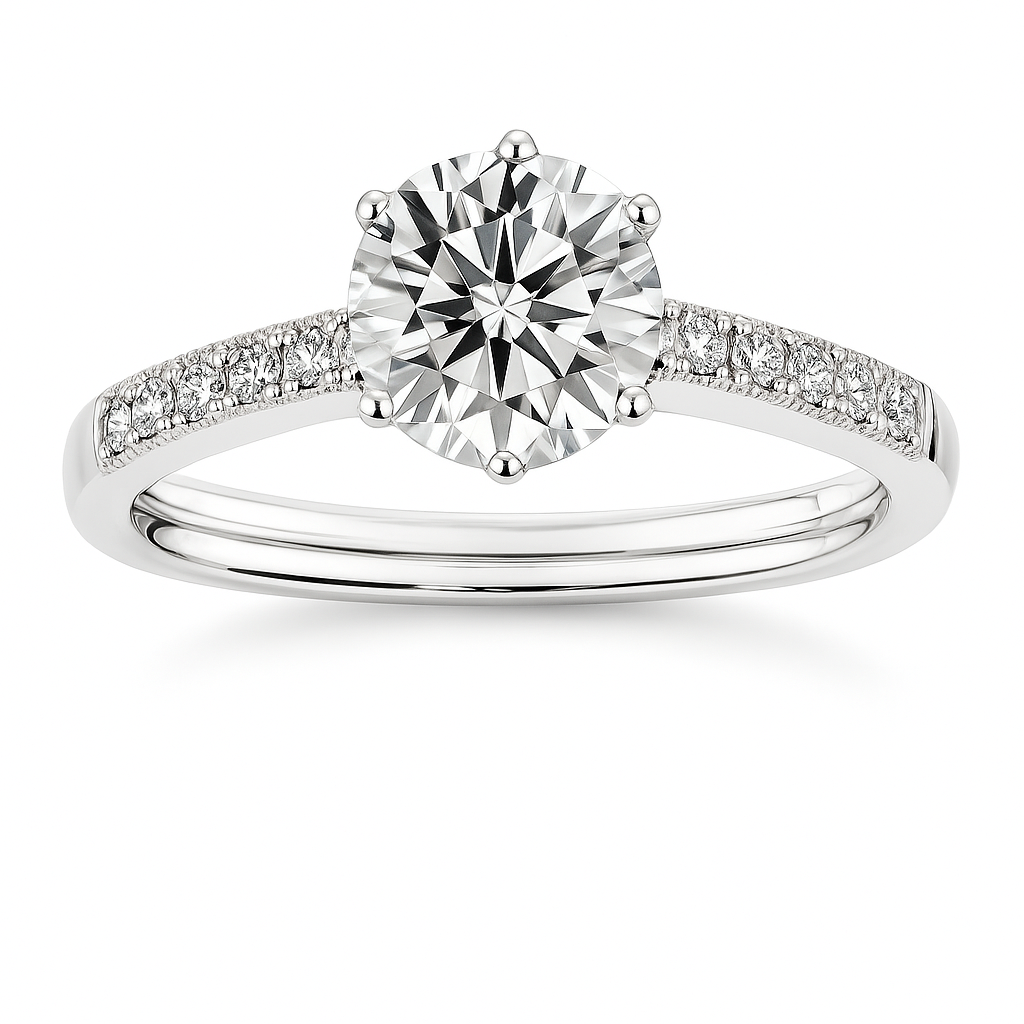 Dazzling Moissanite pavé solitaire ring in 925 silver with 6.5 mm round brilliant-cut stone. White gold-plated, hypoallergenic and elegant. Now at BSI Jewelry.