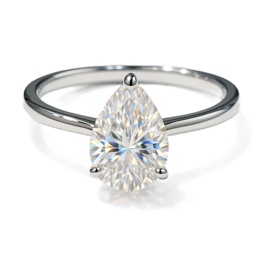 Timeless Moissanite pear-cut engagement ring in white-gold-plated 925 silver. Radiant, elegant, and hypoallergenic. Available now at BSI Jewelry.