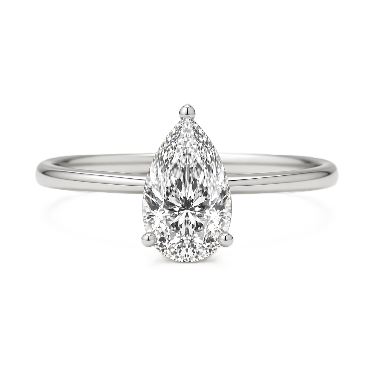 7x5mm pear Moissanite solitaire in white gold-plated 925 silver with a palladium-added alloy—elegant, radiant, and hypoallergenic. Available now at BSI Jewelry.