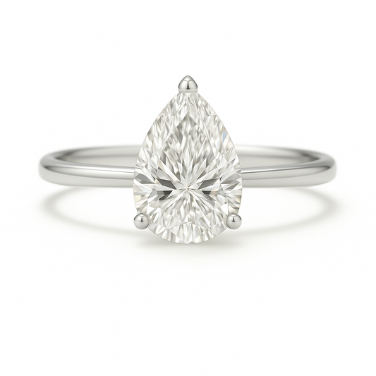 8x6mm pear Moissanite solitaire in white gold-plated 925 silver with a palladium-added alloy—elegant, radiant, and hypoallergenic. Available now at BSI Jewelry.