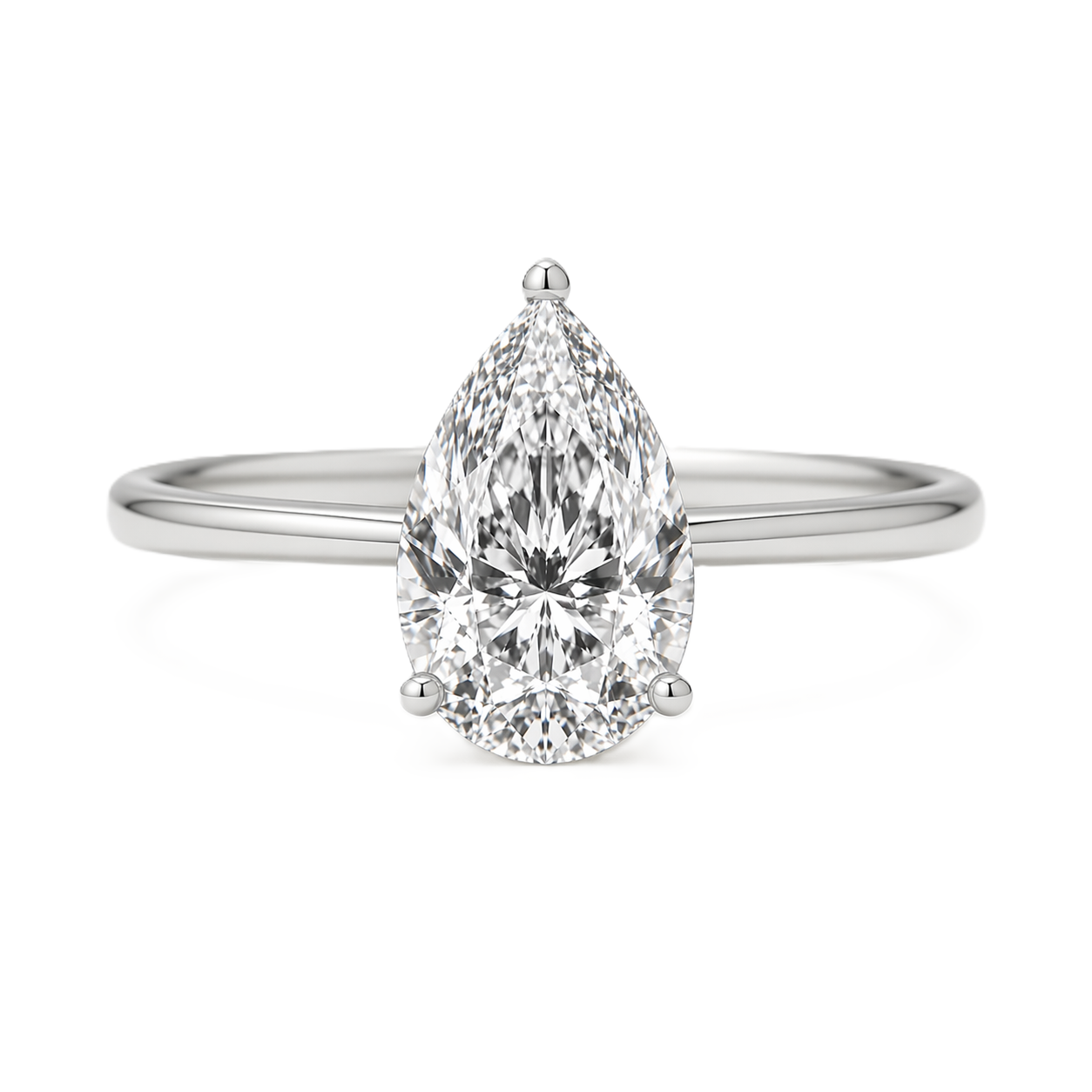 8x6mm pear Moissanite solitaire in white gold-plated 925 silver with a palladium-added alloy—elegant, radiant, and hypoallergenic. Available now at BSI Jewelry.