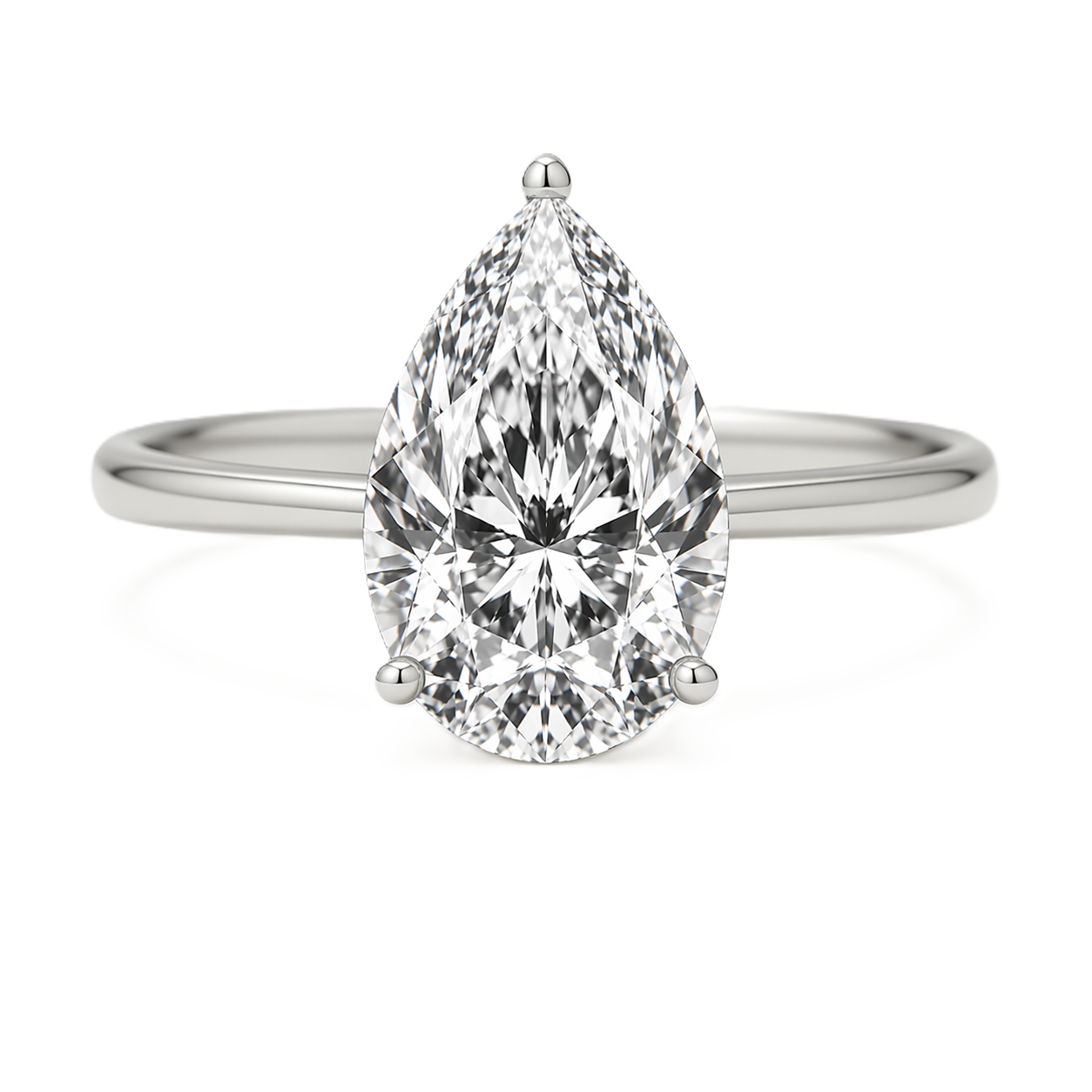 9x7mm pear Moissanite solitaire in white gold-plated 925 silver with a palladium-added alloy—elegant, radiant, and hypoallergenic. Available now at BSI Jewelry.