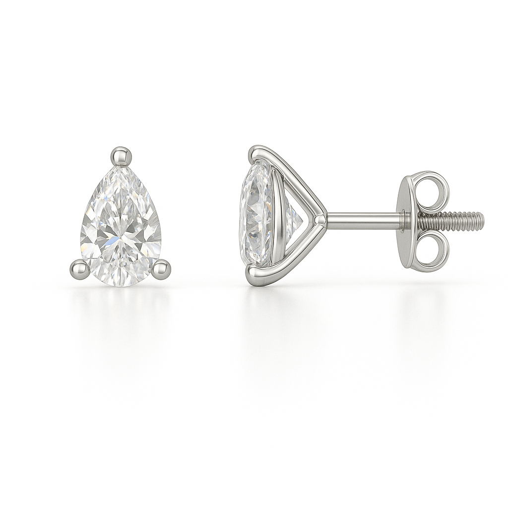 Pear-cut Moissanite stud earrings in white gold-plated 925 silver with palladium alloy and screw-back posts. Secure and safe to wear. Available at BSI Jewelry.