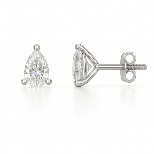 Pear-cut Moissanite stud earrings in white gold-plated 925 silver with palladium alloy and screw-back posts. Secure and safe to wear. Available at BSI Jewelry.