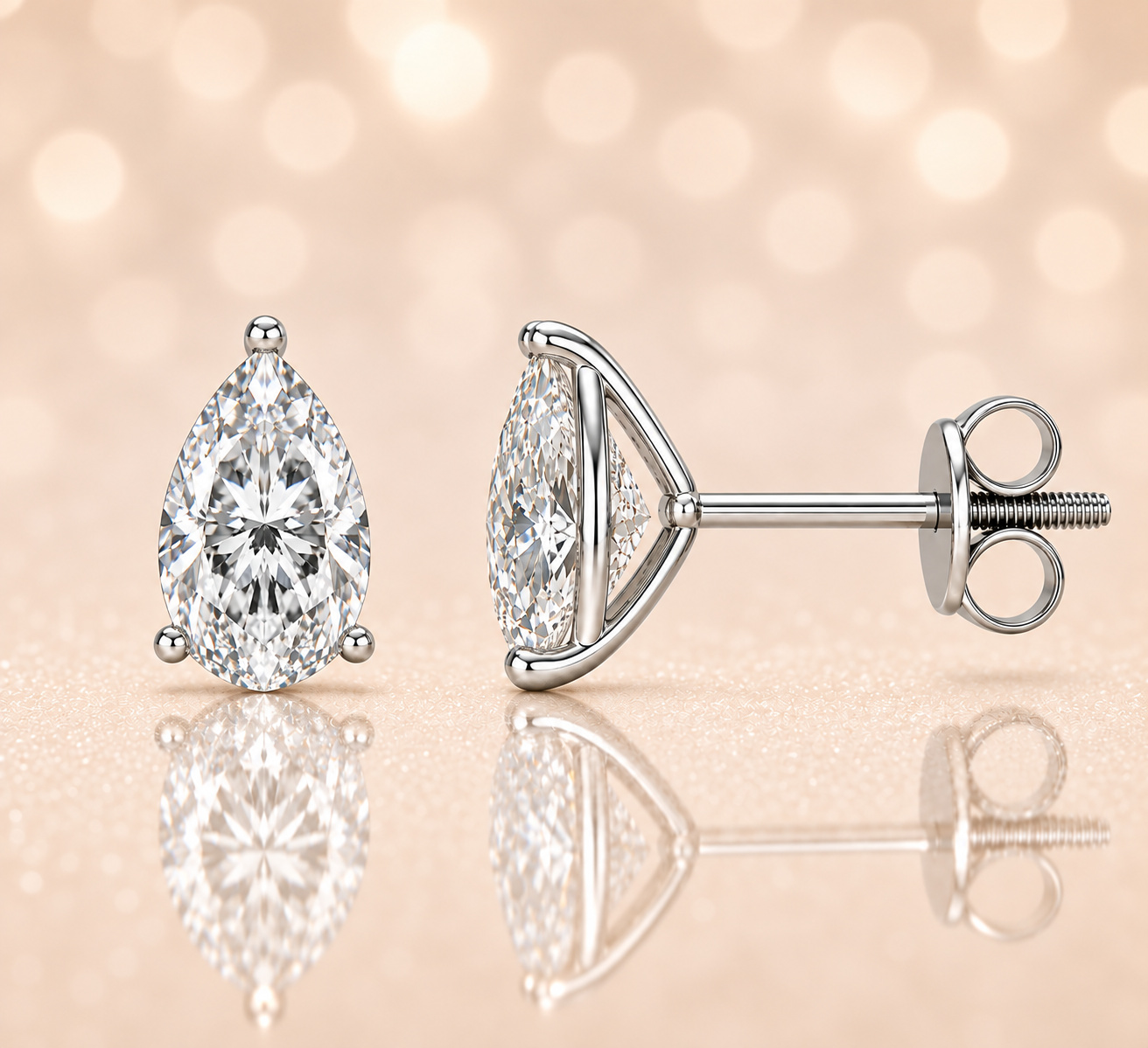 Moissanite Stud Earrings, 6×4 mm pear cut, crafted in white gold-plated 925 silver with palladium-added alloy. Elegant and hypoallergenic. Now at BSI Jewelry.