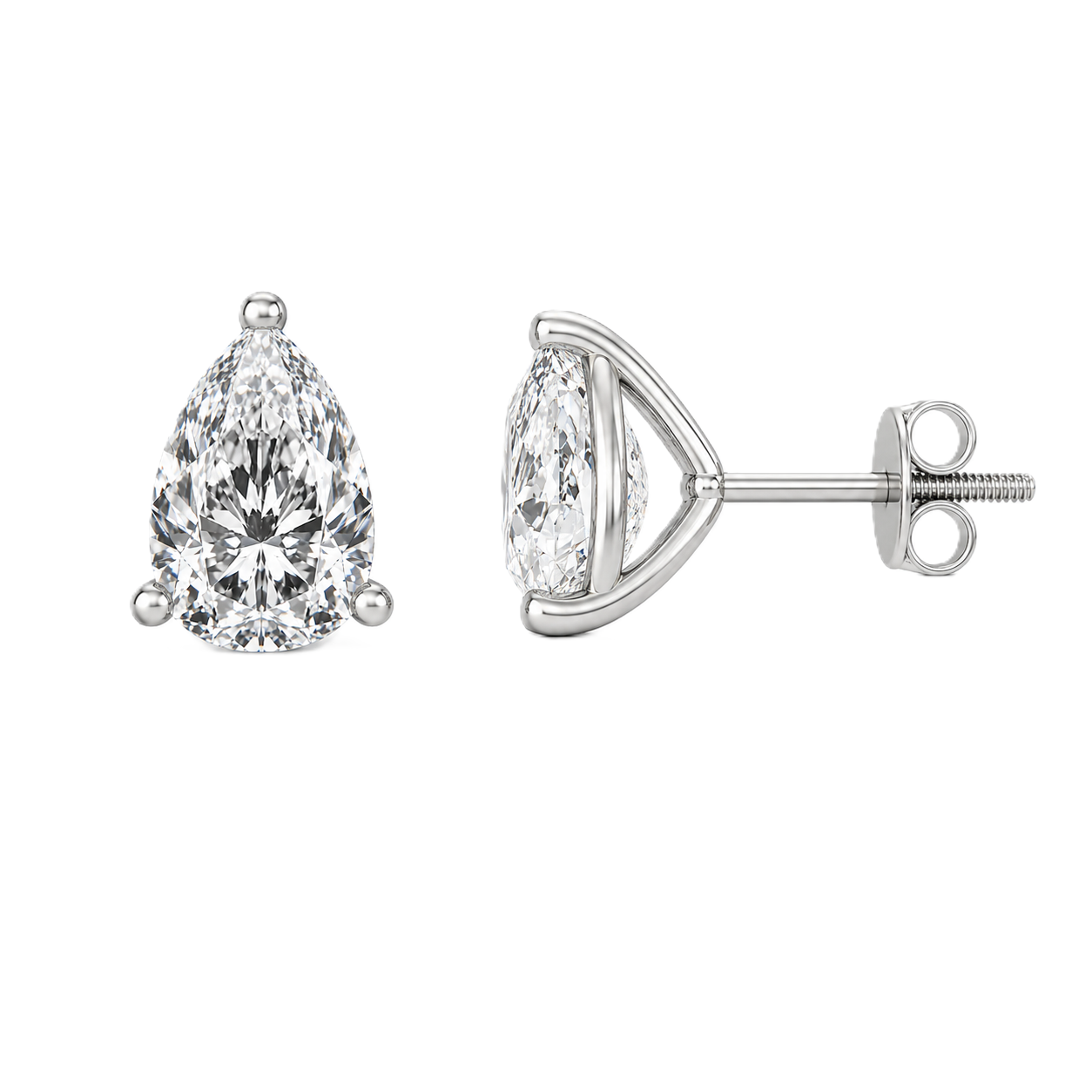 Pear-cut Moissanite stud earrings in white gold-plated 925 silver with palladium alloy and screw-back posts. Secure and safe to wear. Available at BSI Jewelry.