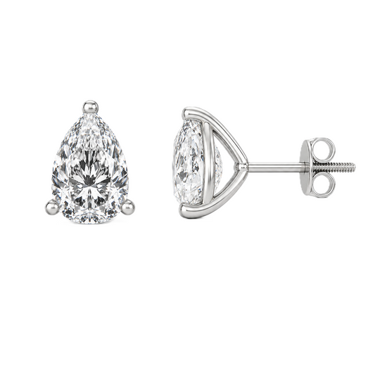 Pear-cut Moissanite stud earrings in white gold-plated 925 silver with palladium alloy and screw-back posts. Secure and safe to wear. Available at BSI Jewelry.