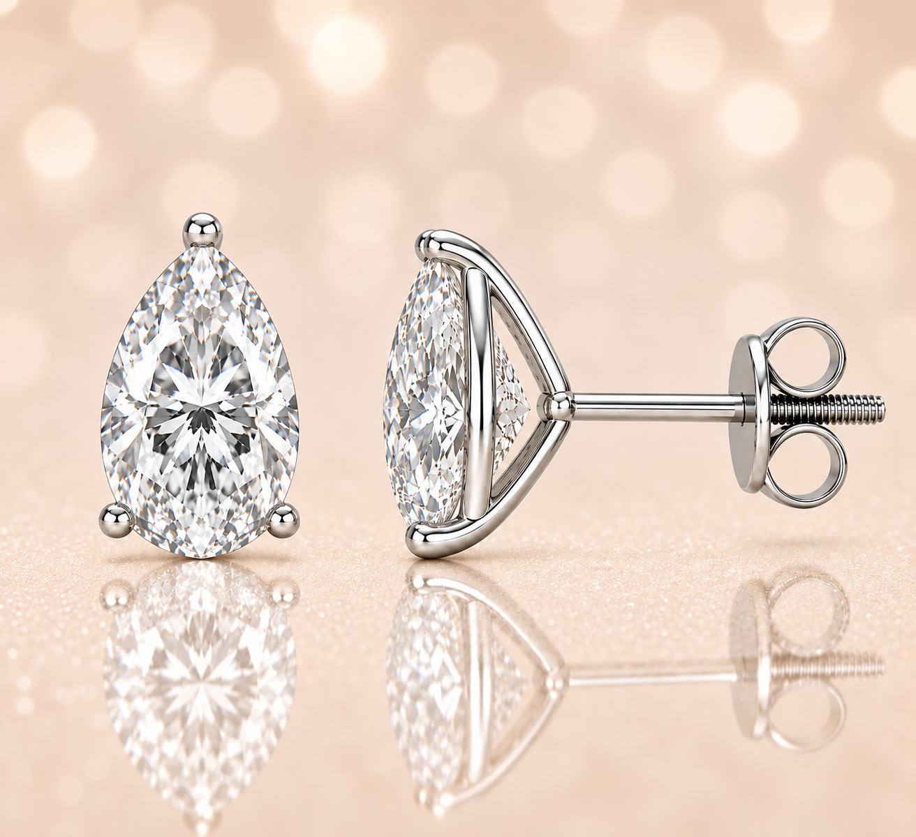 Pear-cut Moissanite stud earrings in white gold-plated 925 silver with palladium alloy and screw-back posts. Secure and safe to wear. Available at BSI Jewelry.