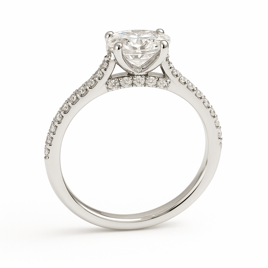 Graceful Moissanite pear-cut engagement ring in 925 silver, featuring a 7×5 mm stone with pavé band for brilliance and timeless charm. Now at BSI Jewelry.