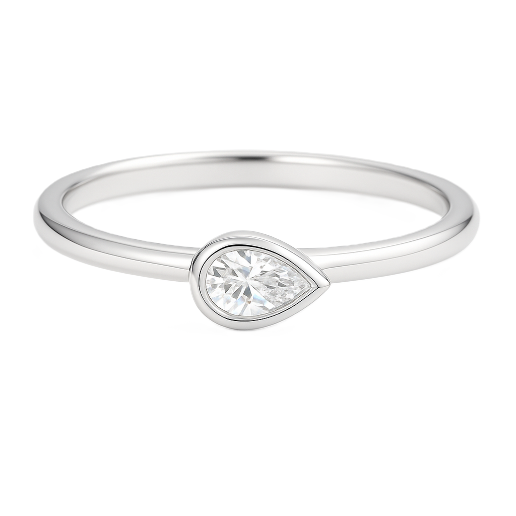 Elegant Moissanite pear ring with a 4×2 mm pear-cut stone in white gold-plated 925 silver. Graceful sparkle and hypoallergenic. Available now at BSI Jewelry.
