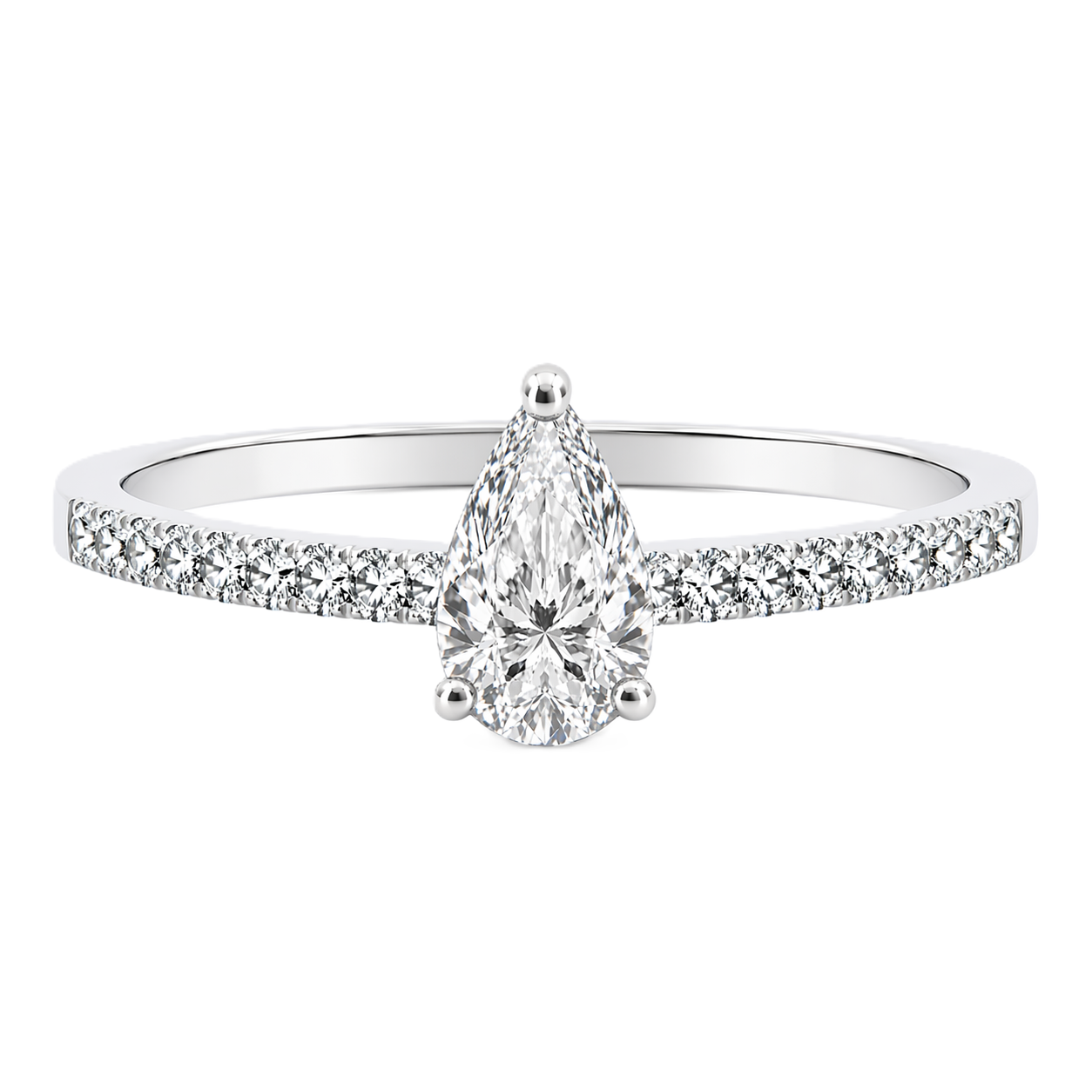 Moissanite pear ring with a 7×5 mm pear-cut stone, accented by moissanite in white gold-plated 925 silver. Elegant and timeless. Available now at BSI Jewelry.