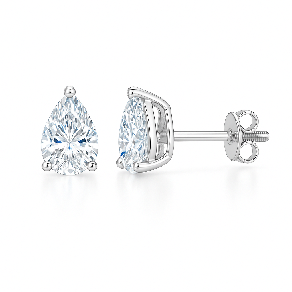 Moissanite pear stud earrings in 5×3 mm, crafted in white gold-plated 925 silver with screw-back posts. Safe for sensitive skin. Available now at BSI Jewelry.