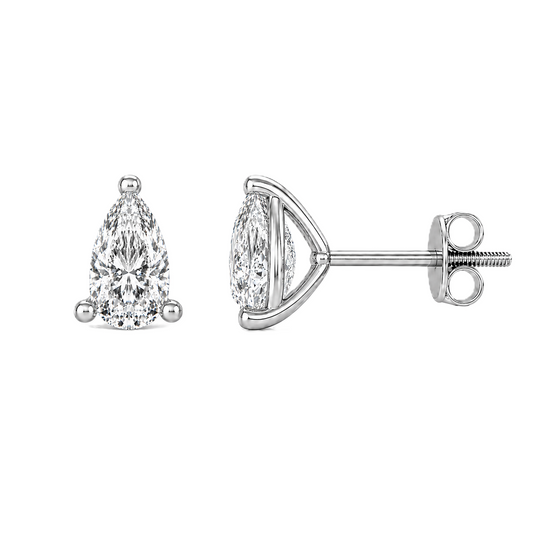 Moissanite pear stud earrings in 5×3 mm, crafted in white gold-plated 925 silver with screw-back posts. Safe for sensitive skin. Available now at BSI Jewelry.