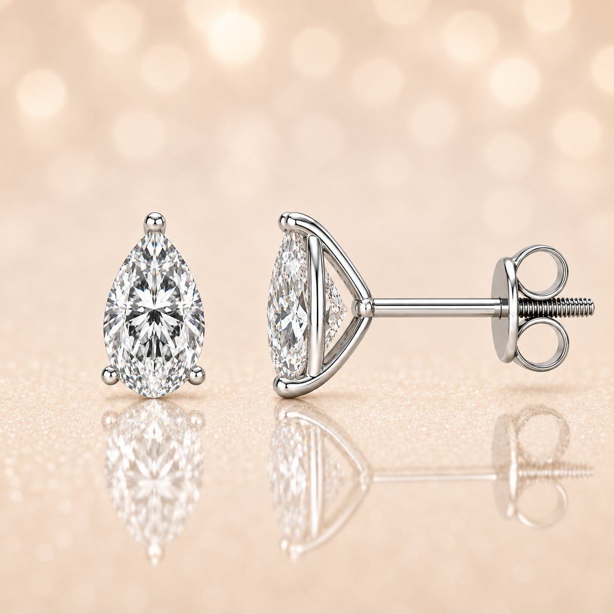 Moissanite pear stud earrings in 5×3 mm, crafted in white gold-plated 925 silver with screw-back posts. Safe for sensitive skin. Available now at BSI Jewelry.