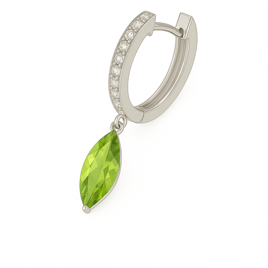 Peridot huggie earrings, 12×6mm marquise cut, crafted in white gold-plated 925 silver with Moissanite. Elegant and hypoallergenic. Available now at BSI Jewelry.