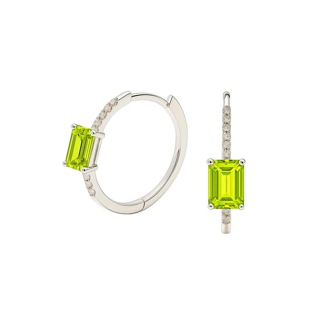 Fresh green peridot and Moissanite huggie earrings with 6×4 mm emerald-cut stones in white gold-plated 925 silver. Hypoallergenic comfort. Now at BSI Jewelry.