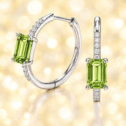 Fresh green peridot and Moissanite huggie earrings with 6×4 mm emerald-cut stones in white gold-plated 925 silver. Hypoallergenic comfort. Now at BSI Jewelry.
