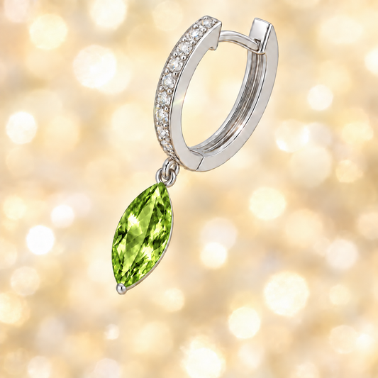 Peridot huggie earrings, 8x4mm marquise cut, crafted in white gold-plated 925 silver with Moissanite. Elegant and hypoallergenic. Available now at BSI Jewelry.