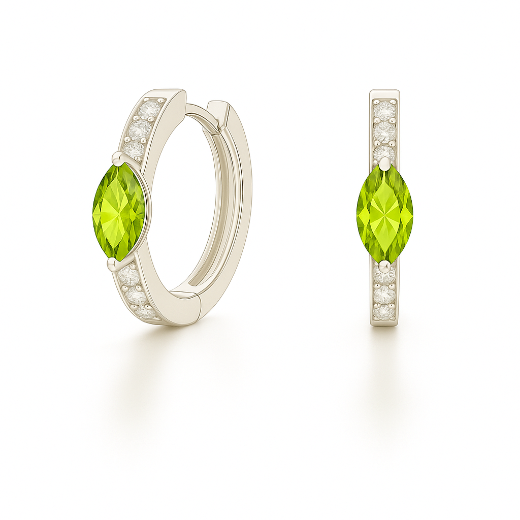 Huggie earrings with Peridot marquise and Moissanite accents in white gold-plated 925 silver. Hypoallergenic, safe to wear. Available at BSI Jewelry.