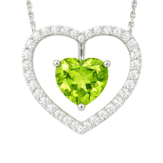 Moissanite and peridot necklace with a 6 mm heart-cut gemstone in white gold-plated 925 silver. Fresh and elegant. Available now at BSI Jewelry.