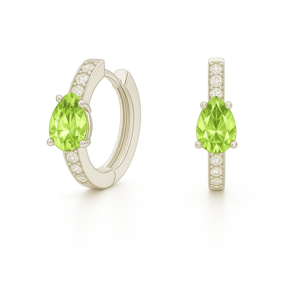 Vivid pear-cut peridot huggie earrings in white gold-plated 925 silver with Moissanite accents for a fresh, elegant sparkle. Available now at BSI Jewelry.