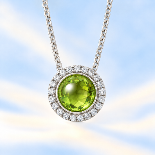 Moissanite and peridot pendant with a 6 mm cabochon gemstone in white gold-plated 925 silver. Fresh and elegant. Available now at BSI Jewelry.