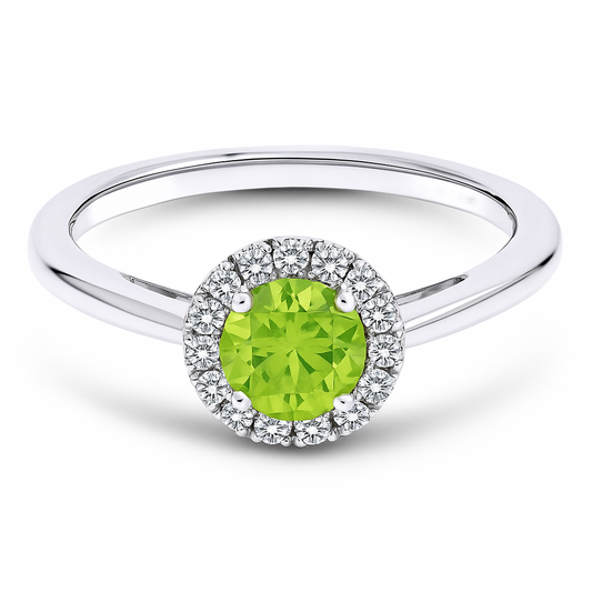 Vibrant peridot halo ring in white gold-plated 925 silver, accented with Moissanite for radiant sparkle. Elegant and hypoallergenic. Available at BSI Jewelry.