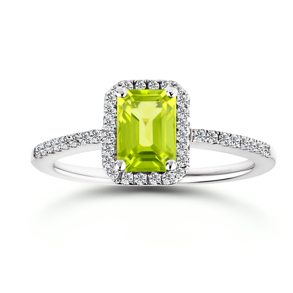 Peridot halo ring in white gold-plated 925 silver, accented with Moissanite for radiant brilliance. Elegant and hypoallergenic. Available now at BSI Jewelry.