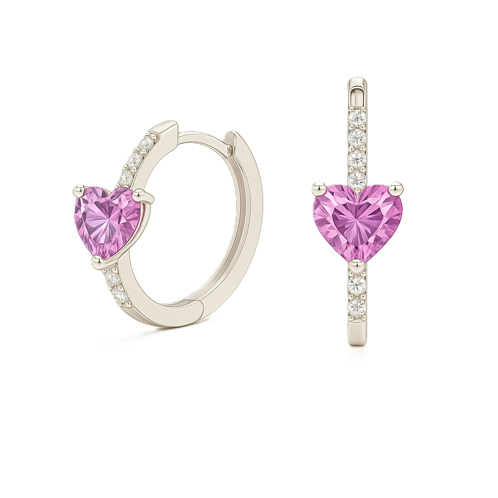 Elegant heart-cut pink amethyst huggie earrings in white gold-plated 925 silver with sparkling Moissanite accents for soft rosy charm. Available at BSI Jewelry.