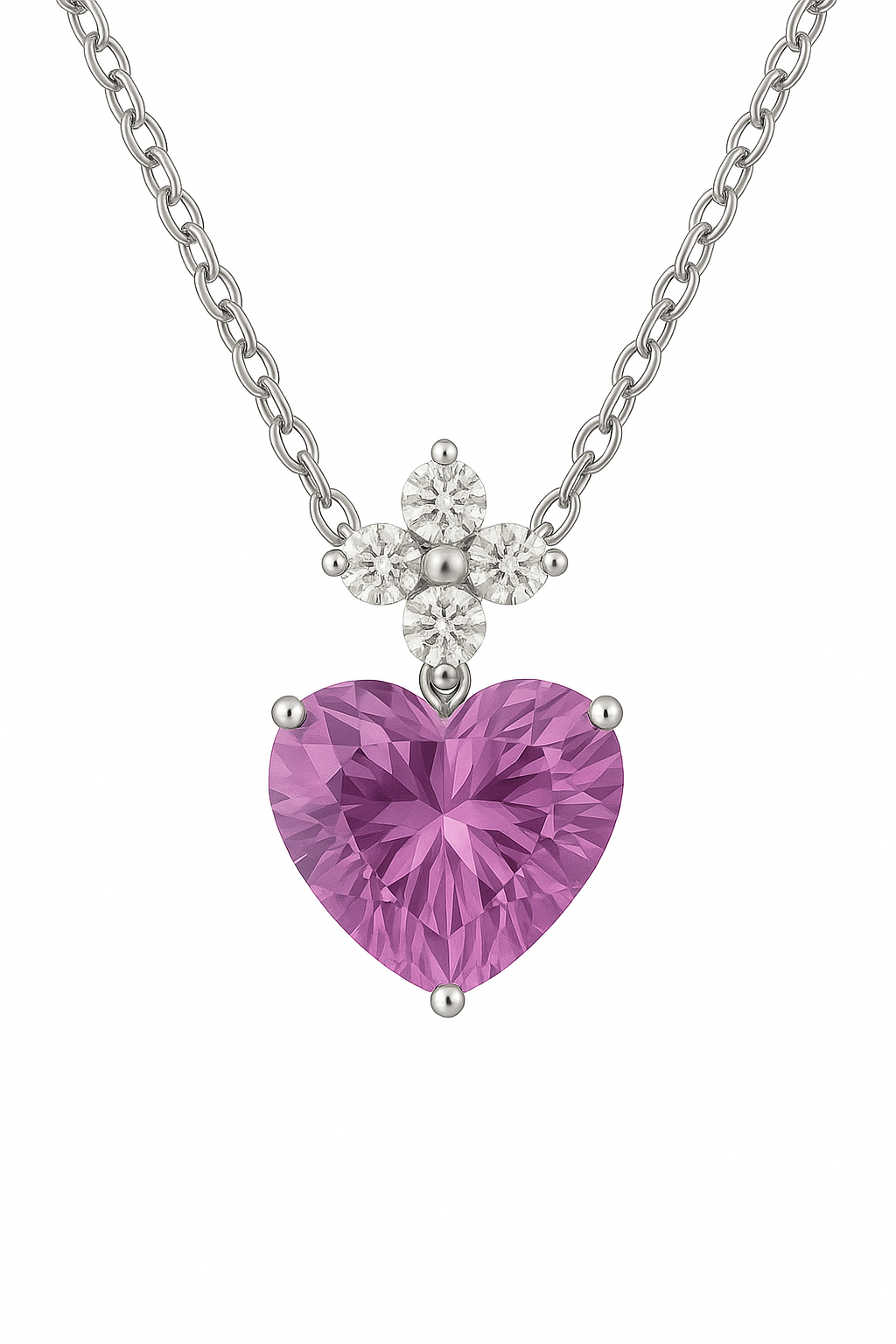 Romantic 7mm heart-cut Pink Amethyst necklace with Moissanite accents in white-gold-plated 925 silver. Graceful charm and radiant beauty. Now at BSI Jewelry.