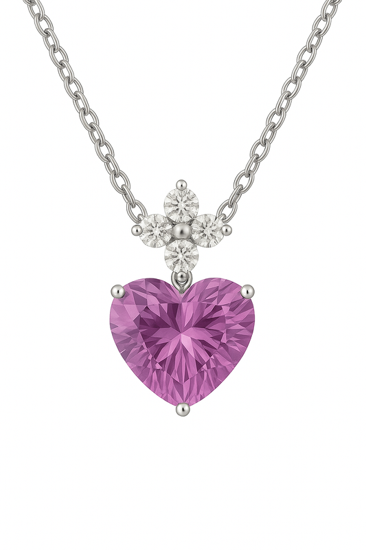 Romantic 7mm heart-cut Pink Amethyst necklace with Moissanite accents in white-gold-plated 925 silver. Graceful charm and radiant beauty. Now at BSI Jewelry.
