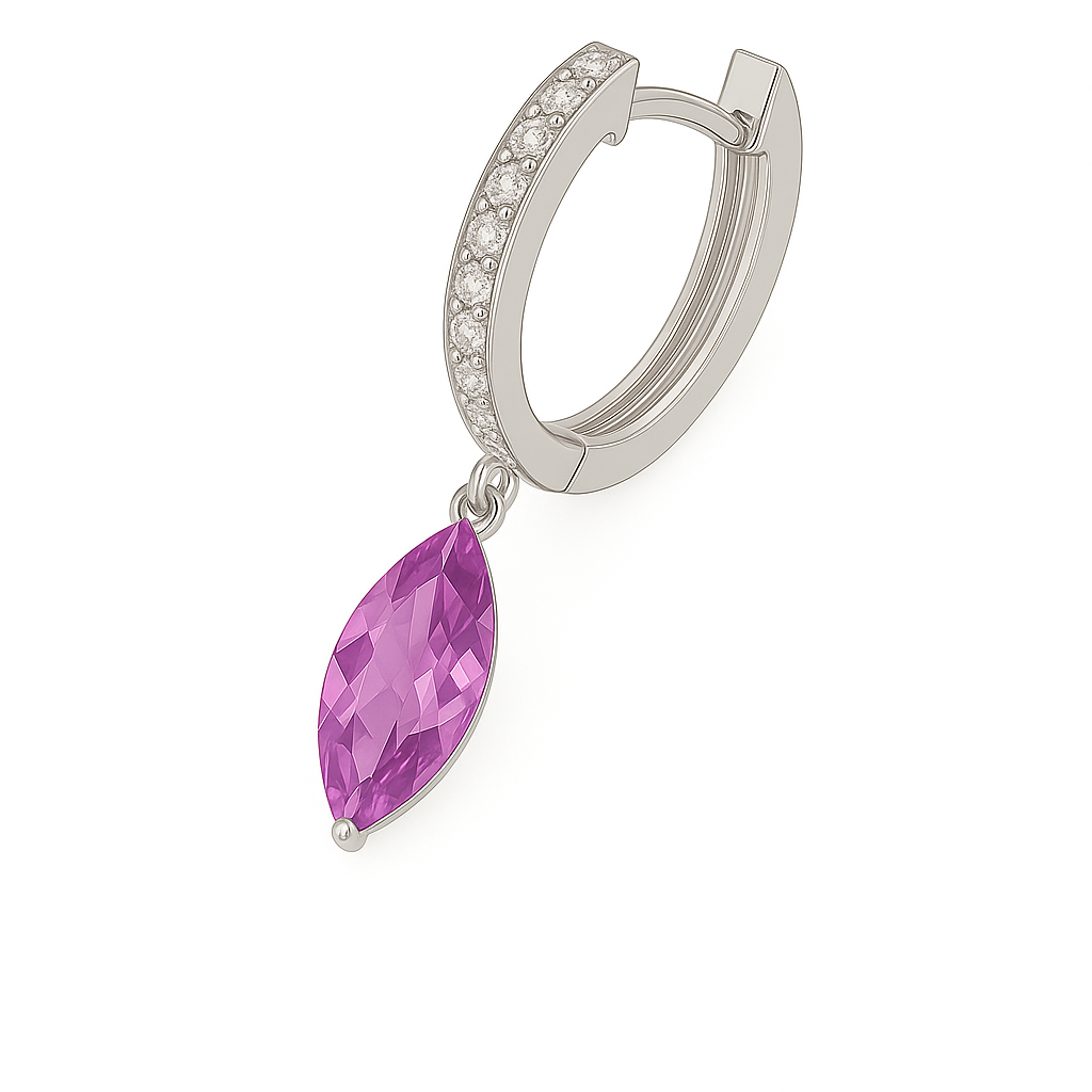 Pink amethyst huggie earrings with 12×6 mm marquise cut, crafted in white gold-plated 925 silver and accented with Moissanite. Elegant sparkle at BSI Jewelry.