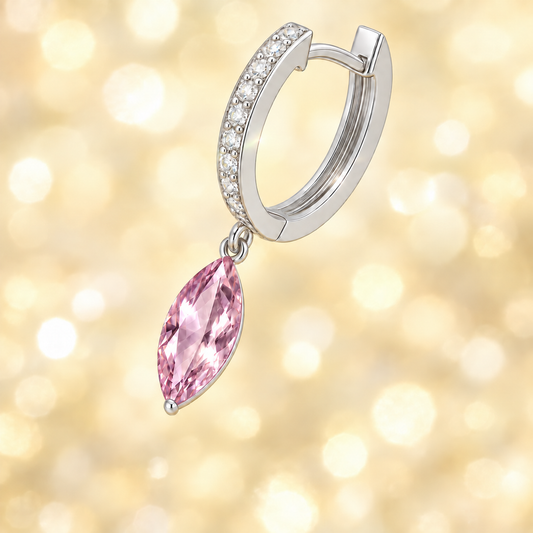 Pink amethyst huggie earrings with 8x4 mm marquise cut, crafted in white gold-plated 925 silver and accented with Moissanite. Elegant sparkle at BSI Jewelry.