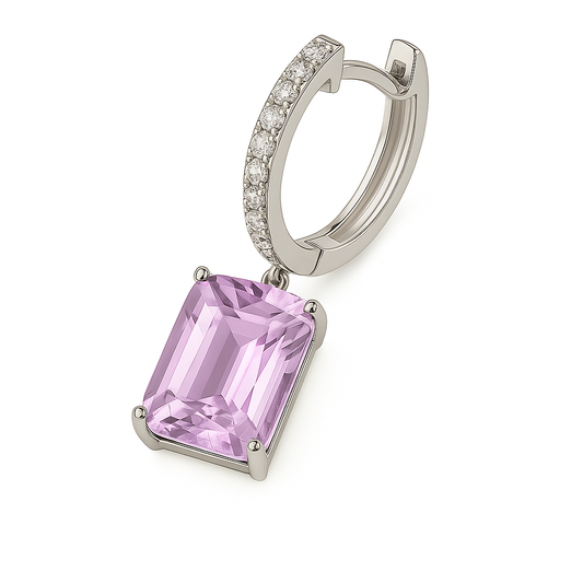 Moissanite & Pink Amethyst Huggie Earrings, 8×6 mm emerald cut, crafted in white gold-plated 925 silver. Elegant and hypoallergenic. Available at BSI Jewelry.