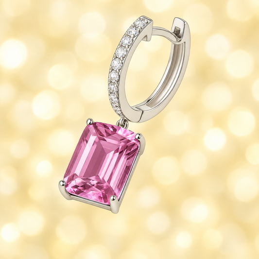 Moissanite & Pink Amethyst Huggie Earrings, 8×6 mm emerald cut, crafted in white gold-plated 925 silver. Elegant and hypoallergenic. Available at BSI Jewelry.