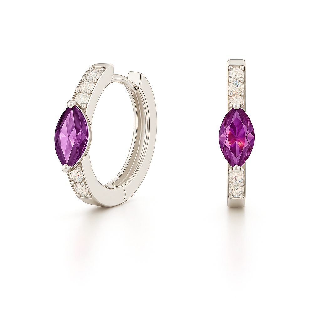 Huggie earrings with Pink Amethyst marquise and Moissanite accents in white gold-plated 925 silver. Hypoallergenic, safe to wear. Available now at BSI Jewelry.