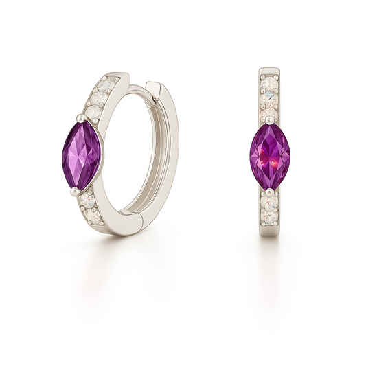 Huggie earrings with Pink Amethyst marquise and Moissanite accents in white gold-plated 925 silver. Hypoallergenic, safe to wear. Available now at BSI Jewelry.