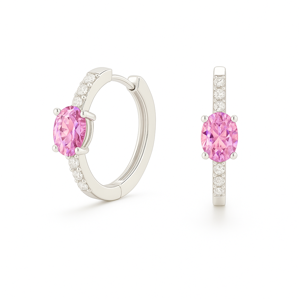 Elegant oval-cut pink amethyst huggie earrings in white gold-plated 925 silver with sparkling Moissanite accents for soft, rosy charm. Available at BSI Jewelry.