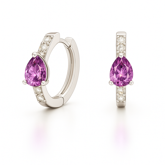 Delicate pear-cut pink amethyst huggie earrings in white gold-plated 925 silver with Moissanite accents for elegant everyday sparkle. Available at BSI Jewelry.