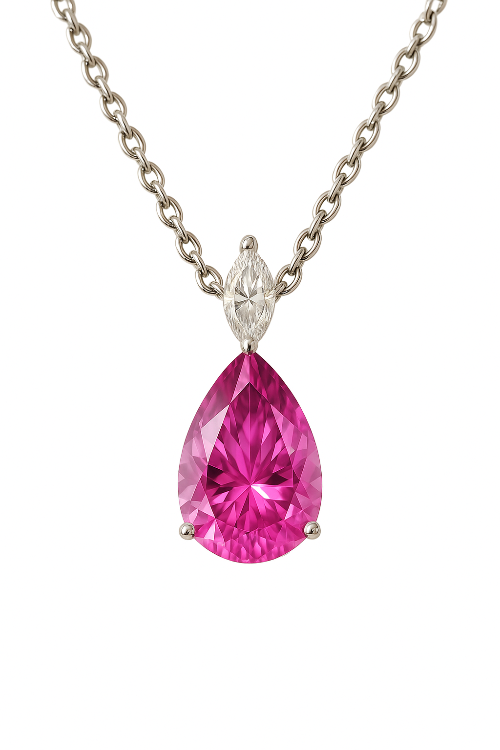 Romantic 12×8mm pear-cut Pink Amethyst necklace with marquise Moissanite accent in white-gold-plated 925 silver. Elegant and hypoallergenic. Now at BSI Jewelry.