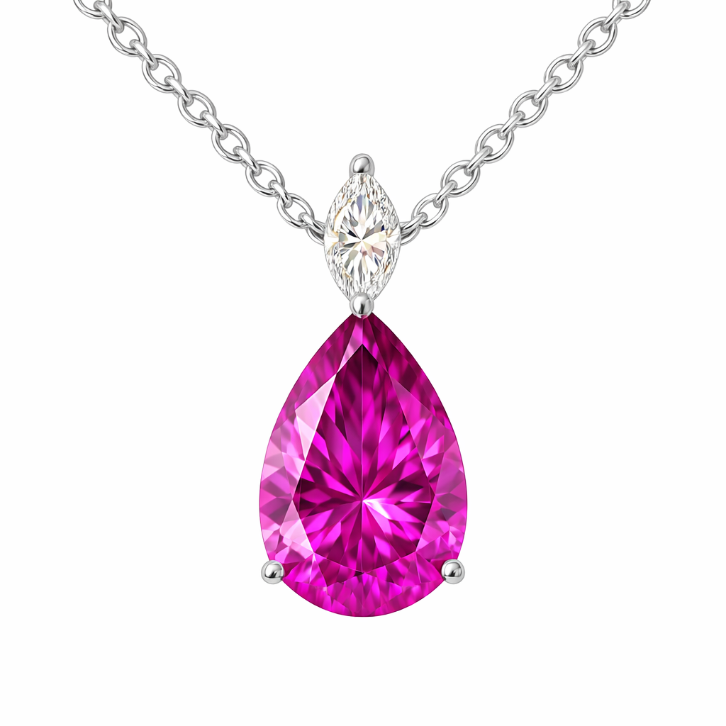 Romantic 12×8mm pear-cut Pink Amethyst pendant with marquise Moissanite accent in white-gold-plated 925 silver. Elegant and hypoallergenic. Now at BSI Jewelry.
